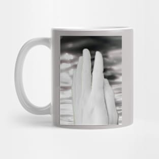 Digital collage and special processing. Hand near soft light. Soft and calm. To exist. Almost grayscale, pale. Mug